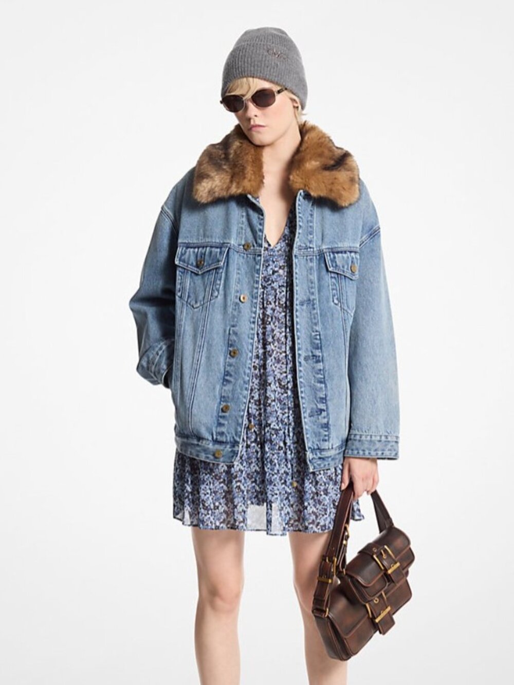 *NWT* Chic Michael Kors Light Blue Denim Jacket Removable Faux Fur Collar S